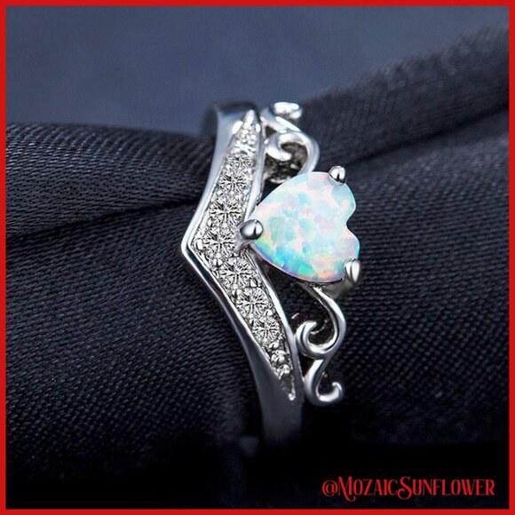 WHITE OPAL HEART SOLITAIRE SILVER METAL DECORATIVE DETAIL RING SIZE 6 NWT - Picture 5 of 8